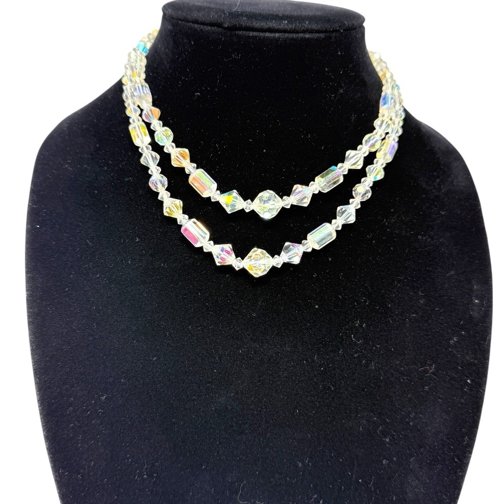Vintage Womens 1950s Aurora Borealis Crystal Necklace 2 Strand Hook Clasp